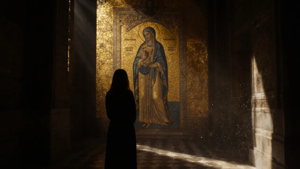 A figure stands in quiet awe before glowing golden mosaics in a quiet Roman chapel, no camera in sight.