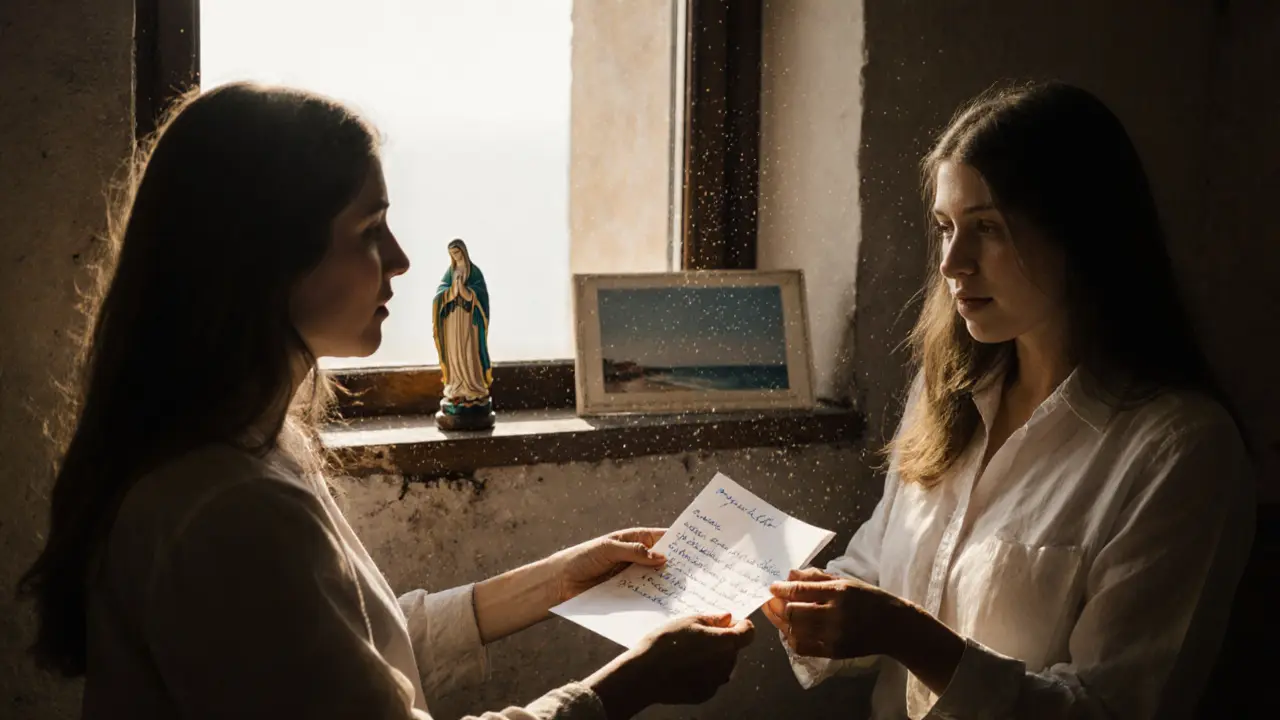 A woman hands a handwritten letter to another woman in a modest apartment, morning light streaming through the window.