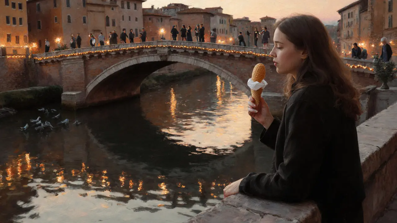 A woman sits on a bridge at dusk, watching her reflection in the river as soft lights and distant figures glow around her.