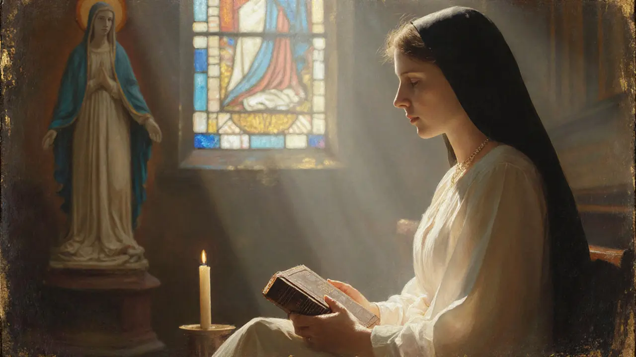 A woman sits quietly in a sunlit church, holding a Bible, with a candle and statue of Mary beside her.