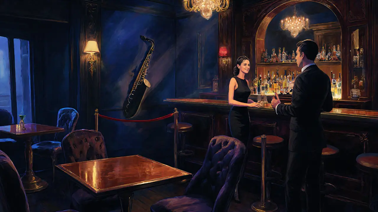Elegant speakeasy scene in Monti with Vittoria greeting a guest.