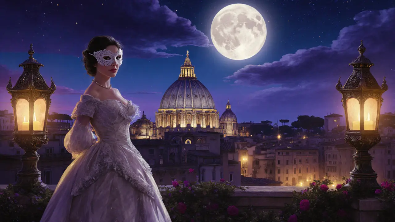 Elegant woman in a mask at a moonlit Rome rooftop masquerade party.