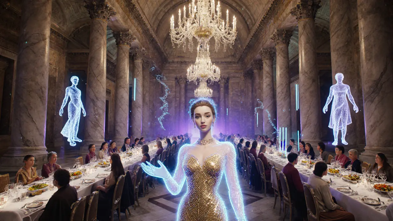Futuristic VR Roman banquet with holographic guests and host avatar.