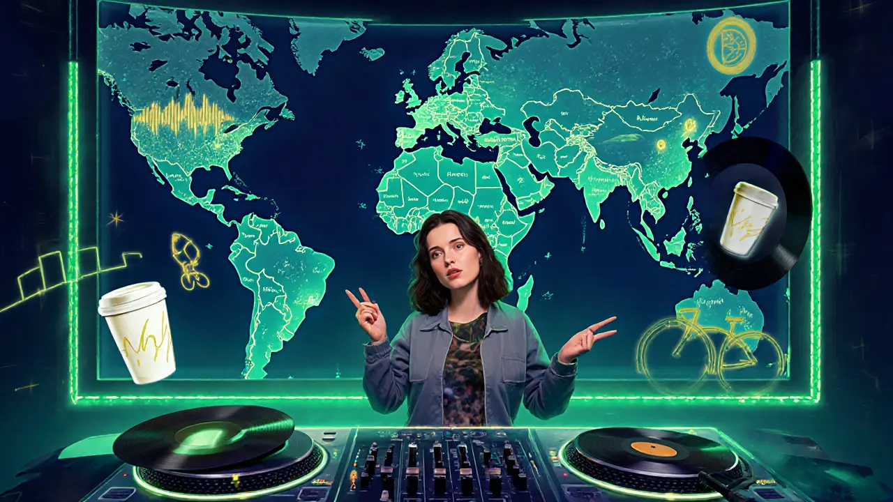 Illustrated futuristic studio where Martina hosts a live‑mix series with vinyl and sustainability symbols.
