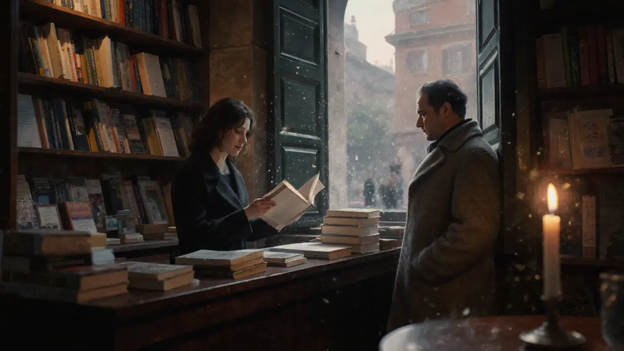 Inside a quiet bookstore at dusk, a woman holds a book as a man lingers by the window, candlelight casting warm shadows on poetry shelves.