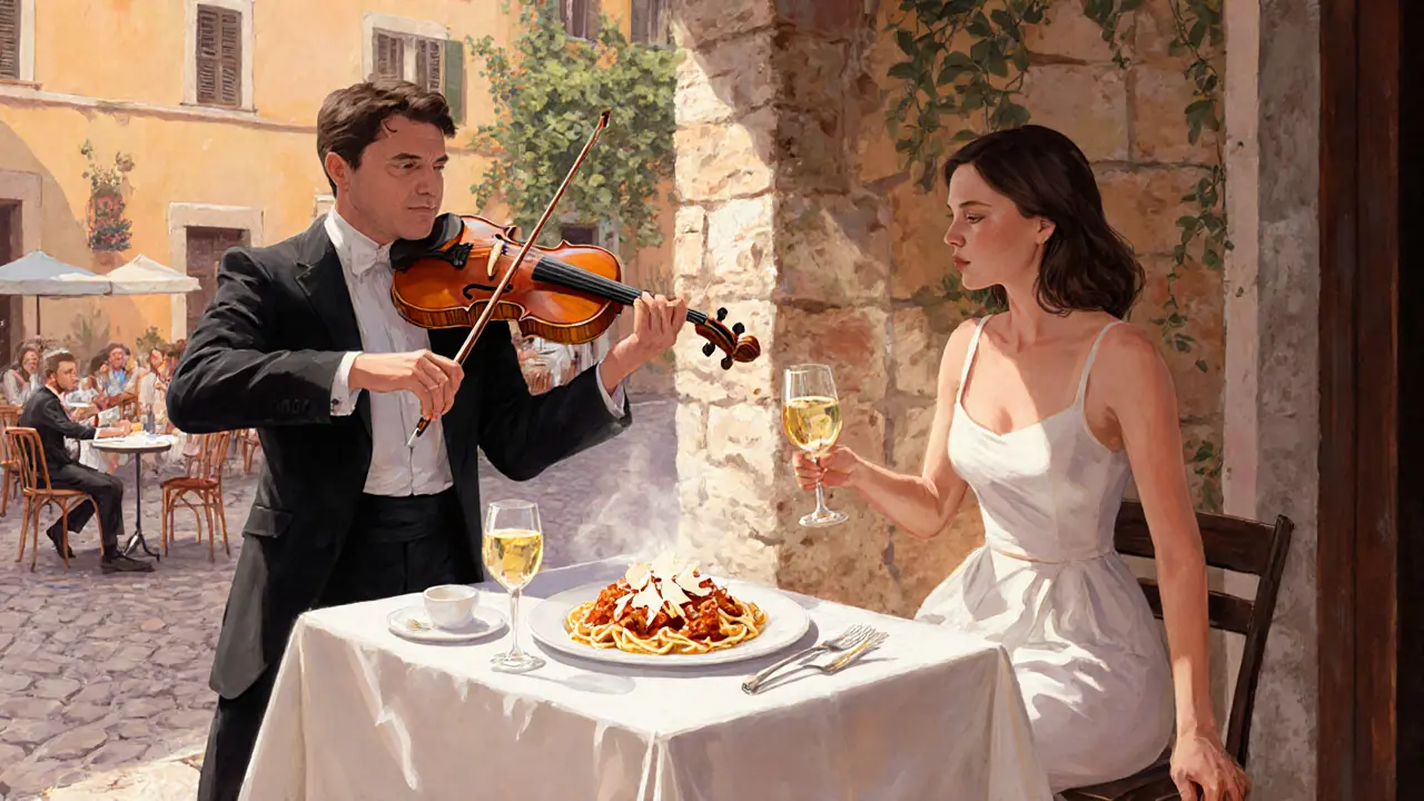 Intimate lunch in a Trastevere courtyard with carbonara, wine, and a violinist playing.