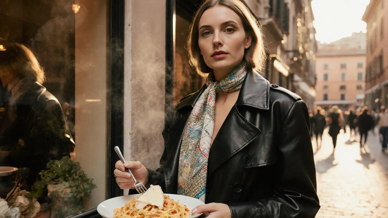 Lisa Ann in a leather trench coat and silk map scarf, enjoying pasta at a Trastevere trattoria.