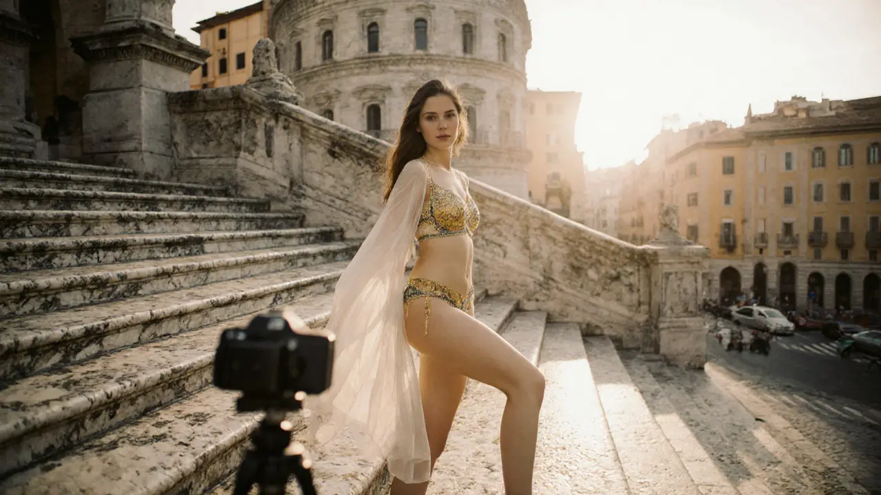 Model in Roman‑mosaic lingerie poses on the Spanish Steps at sunrise.