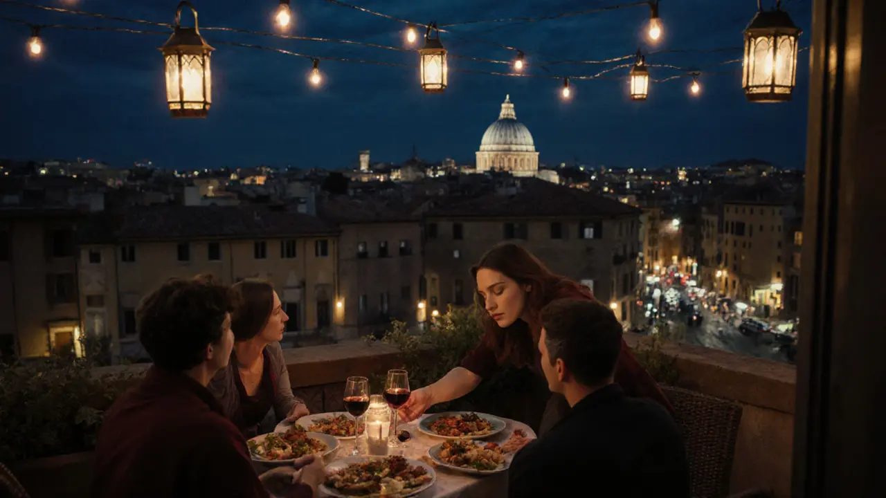Nighttime rooftop terrace in Trastevier with a small group enjoying drinks under twinkling city lights.