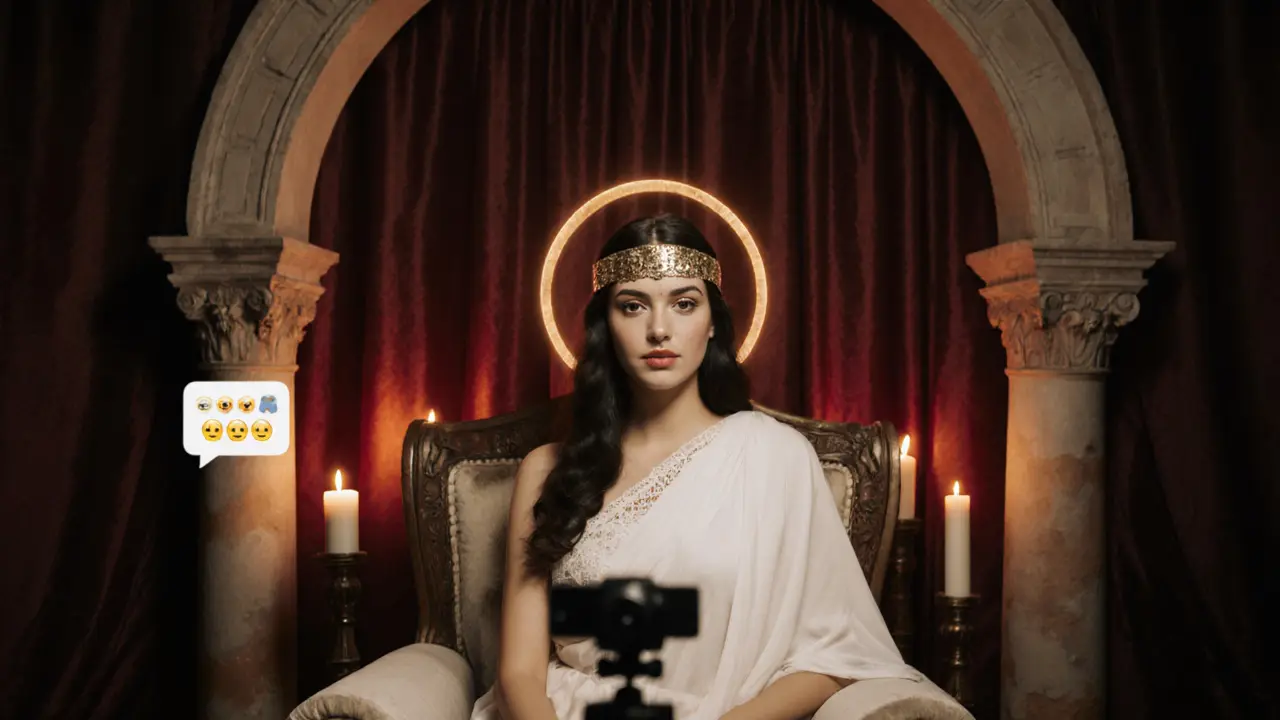 Roman‑goddess cam performer on a silk curtain with candlelight and chat overlay.