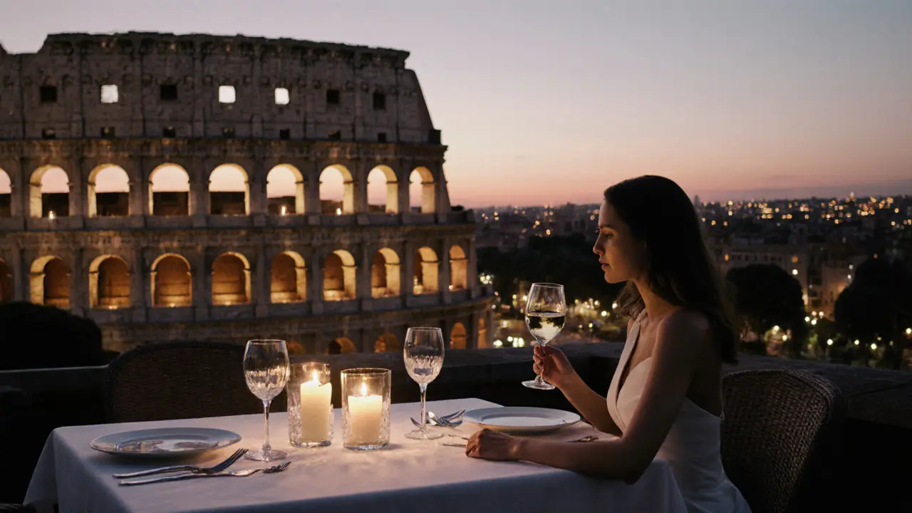 Rooftop dinner with Vittoria overlooking a twilight Colosseum.