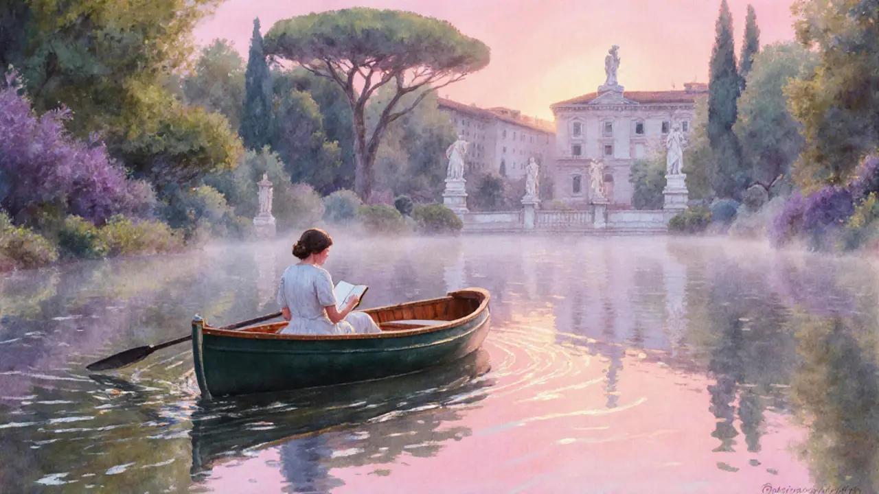 She sketches on a journal while rowing a boat on a serene lake in Villa Borghese at sunrise.