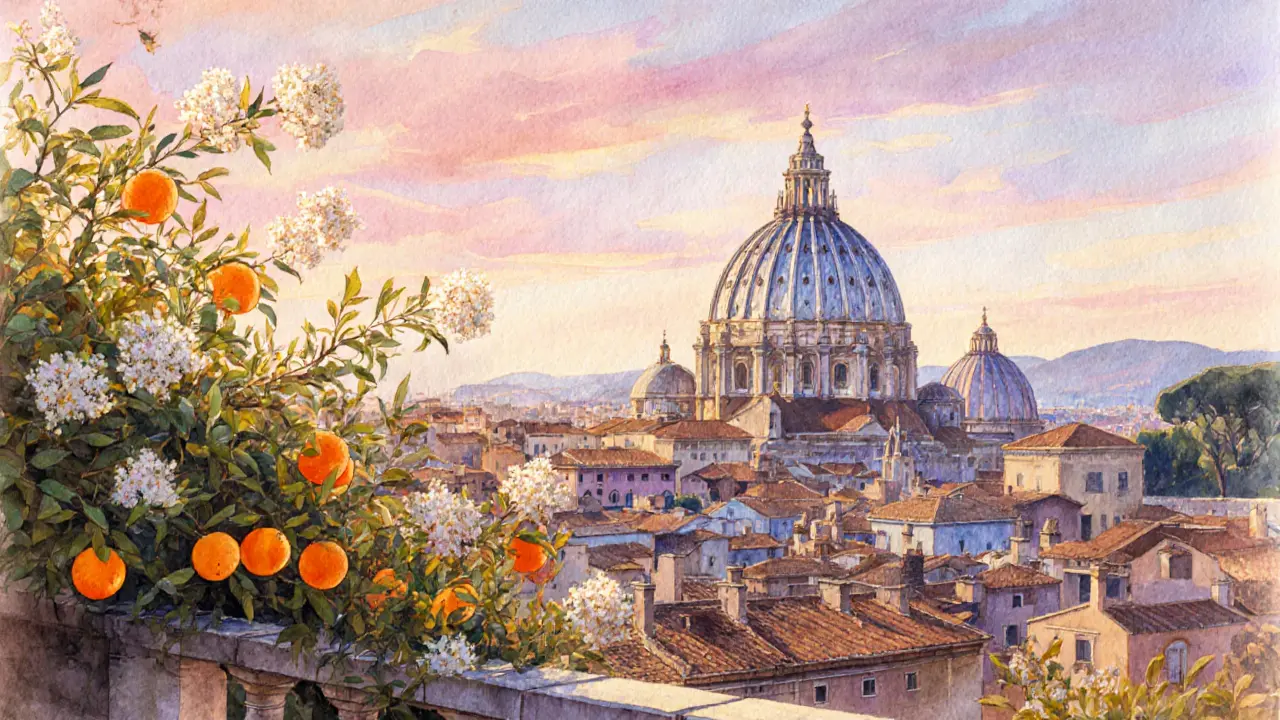 View from the Orange Garden on Aventine Hill showing the dome of St. Peter’s Basilica against a golden sky.
