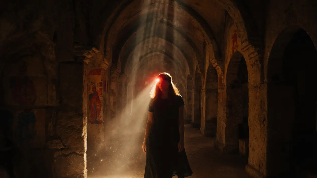 Vittoria Risi with a red headlamp exploring dim Catacombs, ancient frescoes visible.