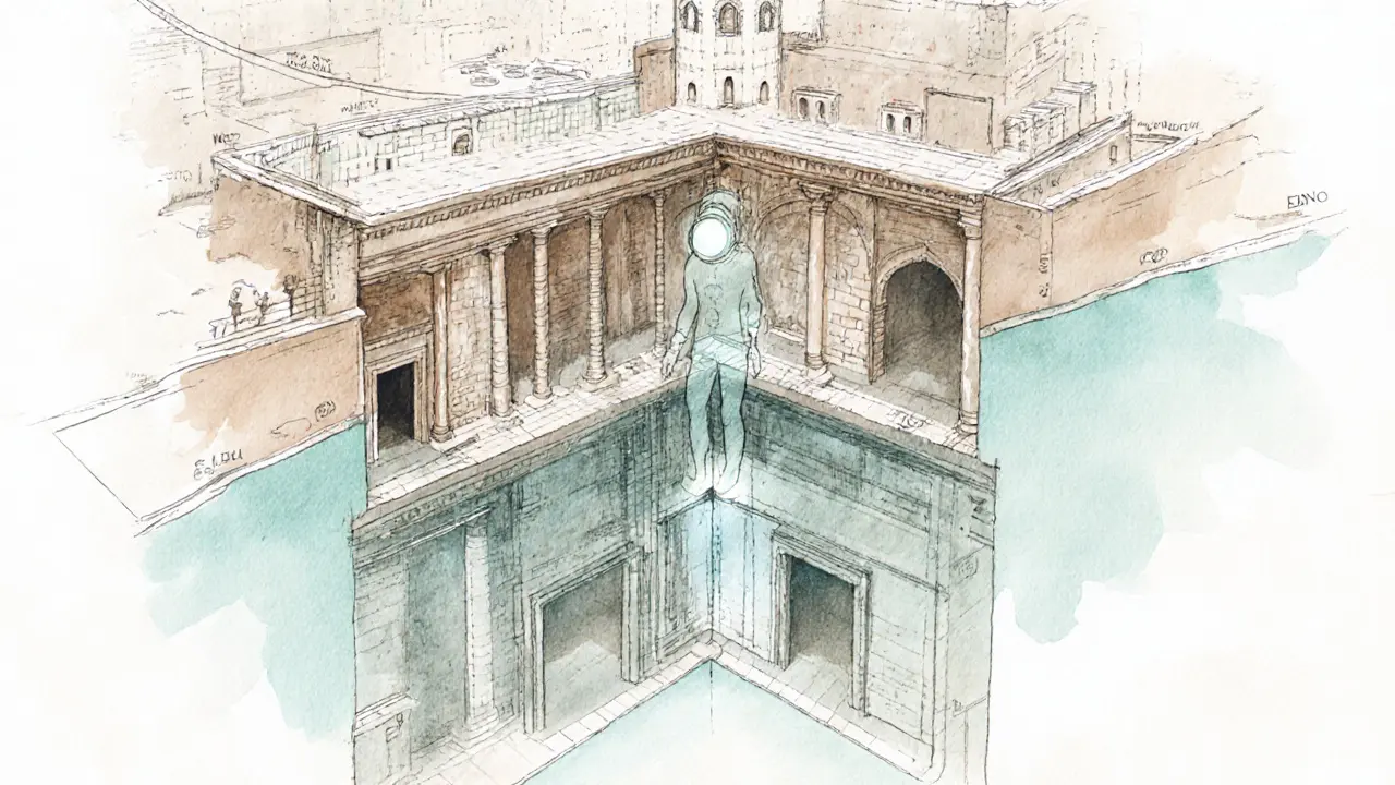 Watercolor illustration of Basilica of San Clemente&#039;s three layers with Vittoria drifting between them.