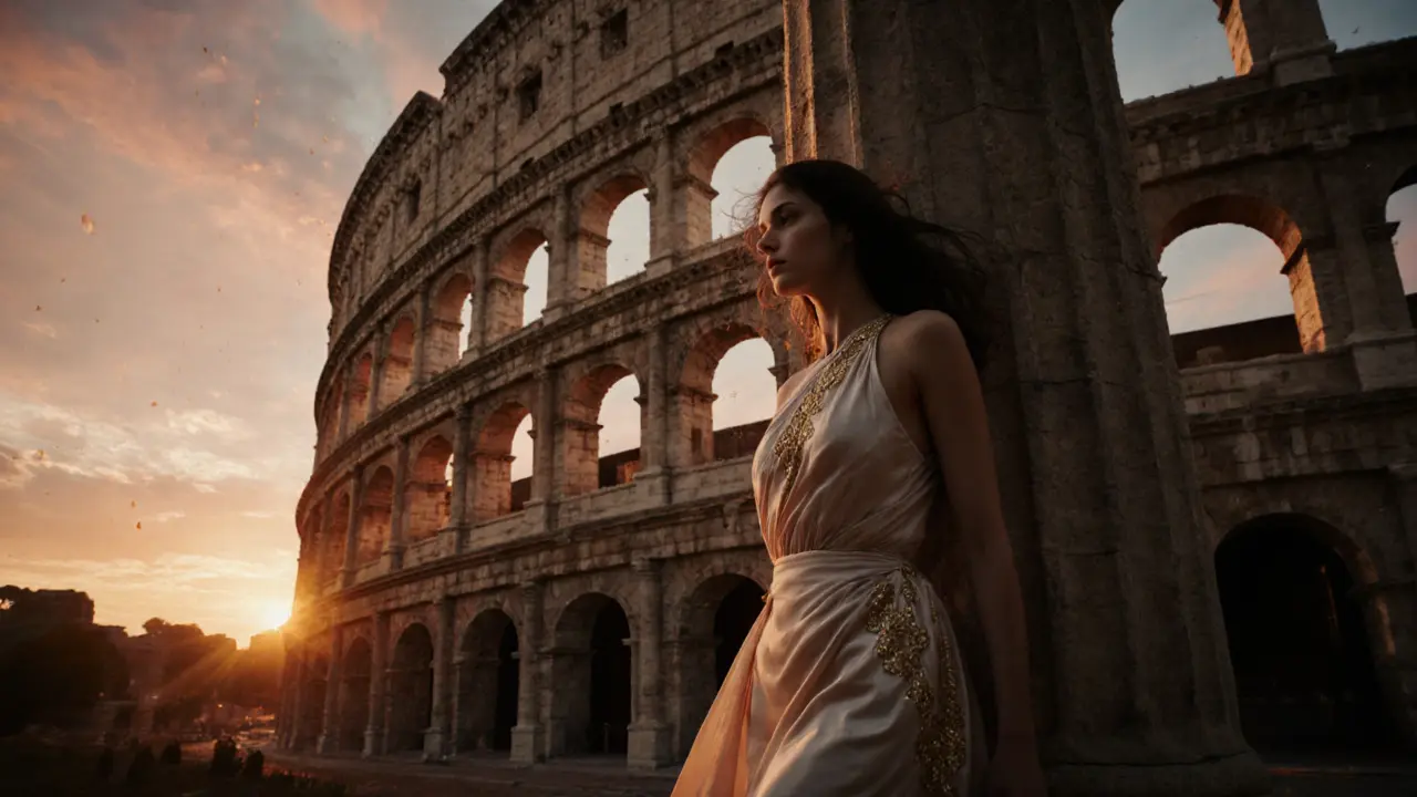 Woman in a flowing toga poses before a sunset-lit Colosseum.