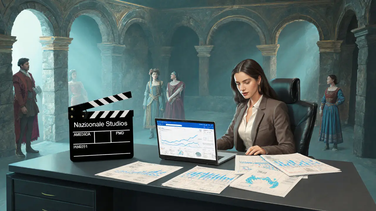 Woman planning her new studio at a modern office with a Renaissance set backdrop.