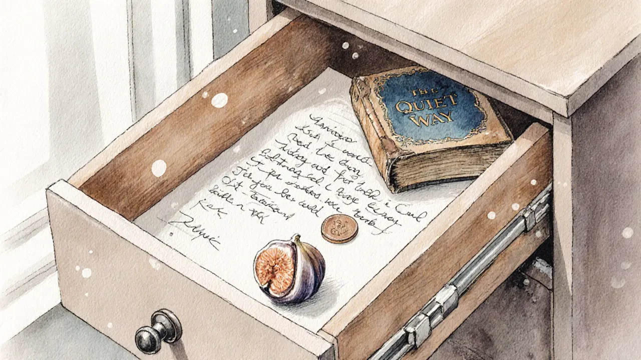 A closed drawer contains a letter, Roman coin, dried fig, and book—symbols of silent, meaningful human connection.