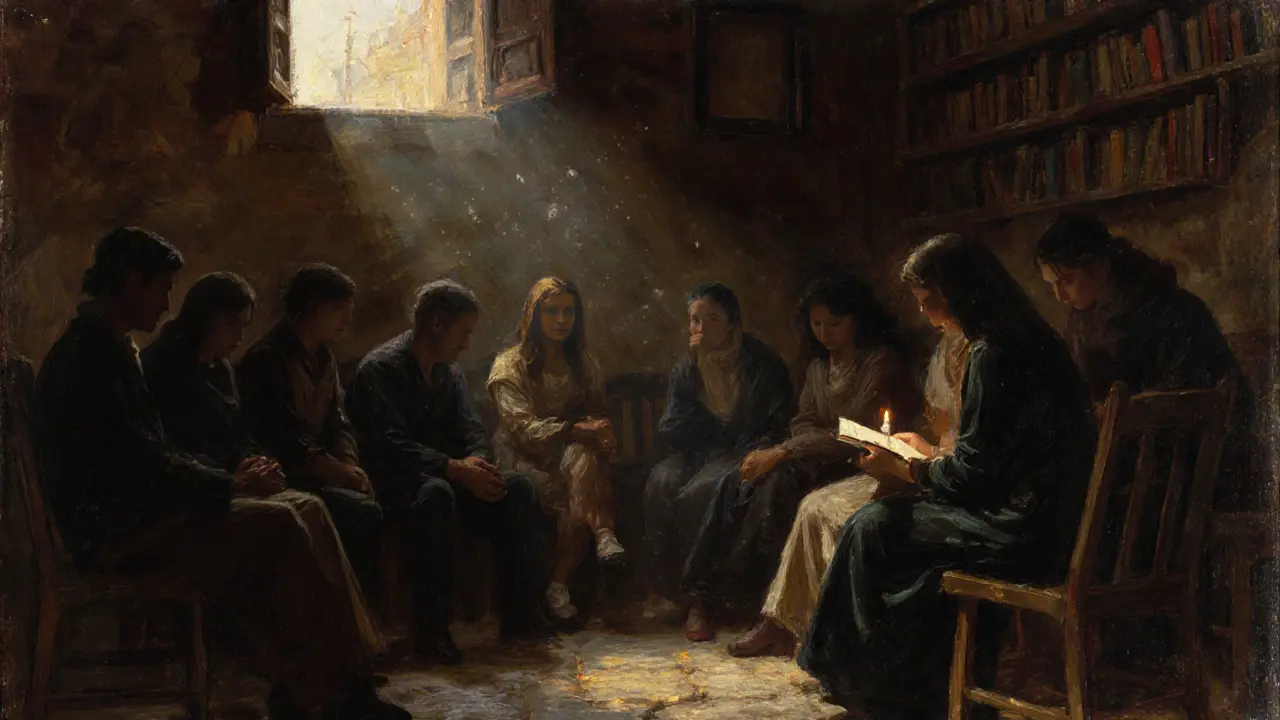 A group of people gather in a dim basement, listening quietly as someone reads aloud.