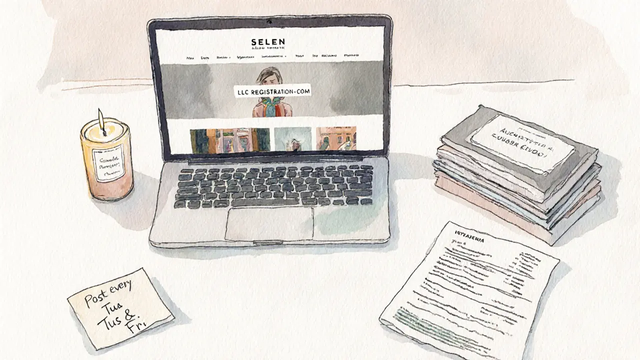 A minimalist desk with a laptop, legal papers, and Italian candles represents Selen’s independent business model.