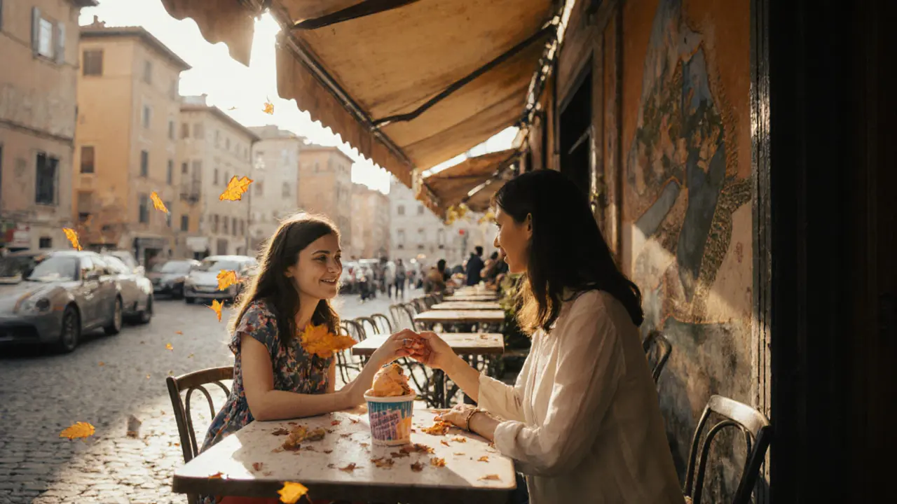 A mother and daughter share a quiet moment at a Roman café, sunlight filtering through awnings, no props, only presence.