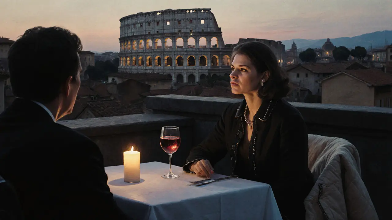 A quiet rooftop dinner in Trastevere at twilight, candlelight illuminating a woman listening intently.