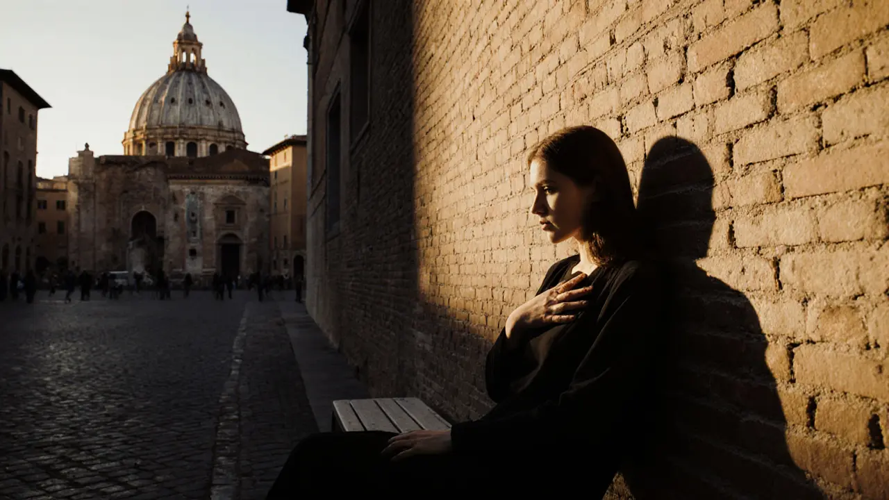 A shadow on a brick wall forms the face of an ancient woman, bathed in golden late afternoon light.