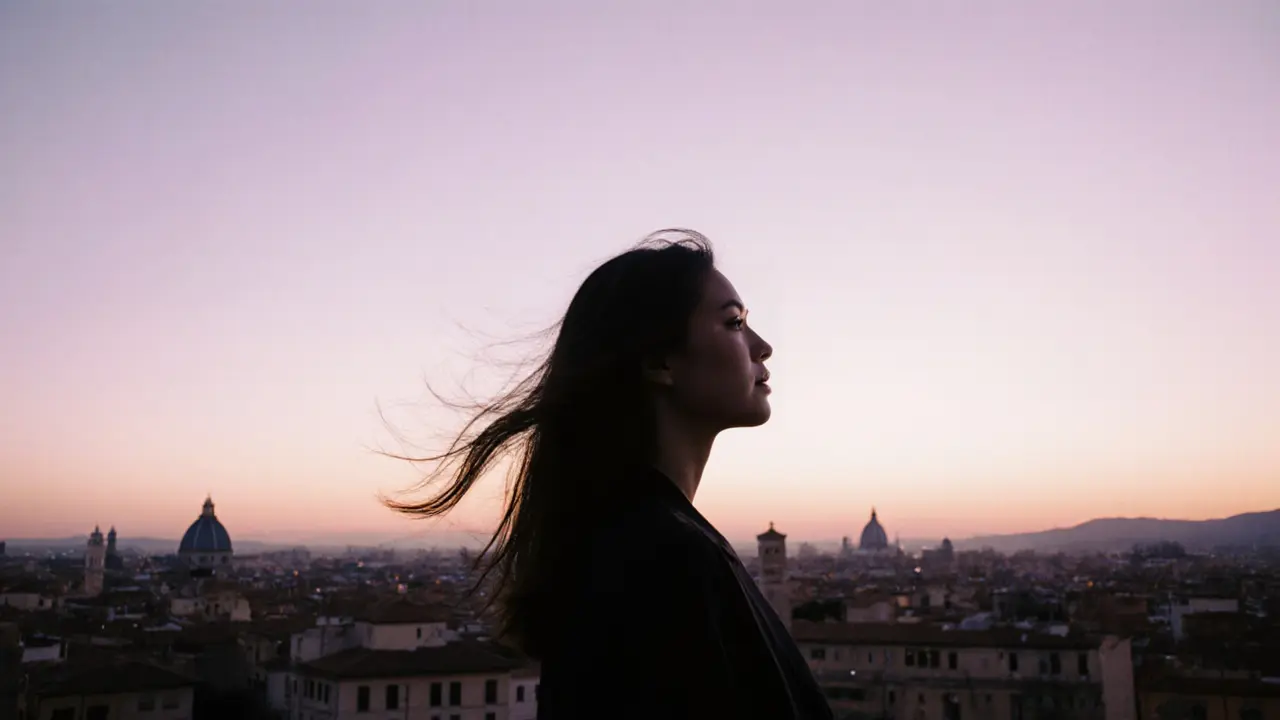 A silhouette on a Rome rooftop at sunrise, facing the glowing city, still and unseen, dissolving into light.