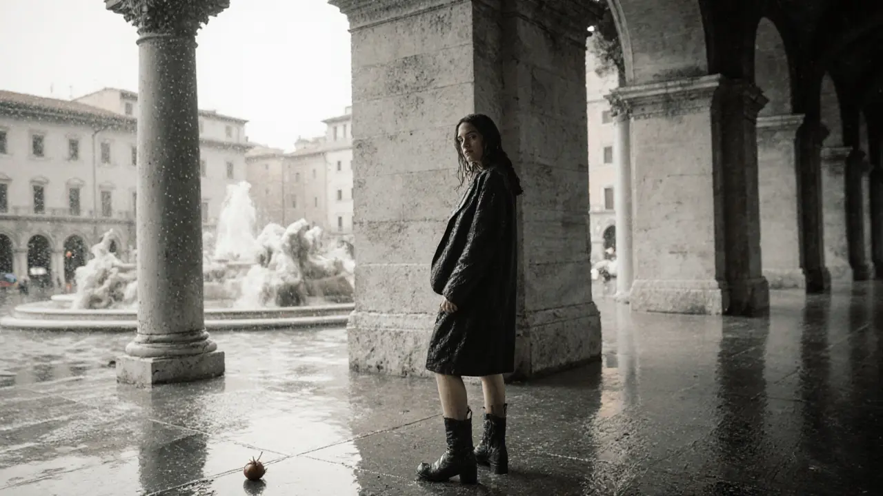 A solitary figure stands under a Roman portico in the rain, water running down her arms, the city blurred behind her.