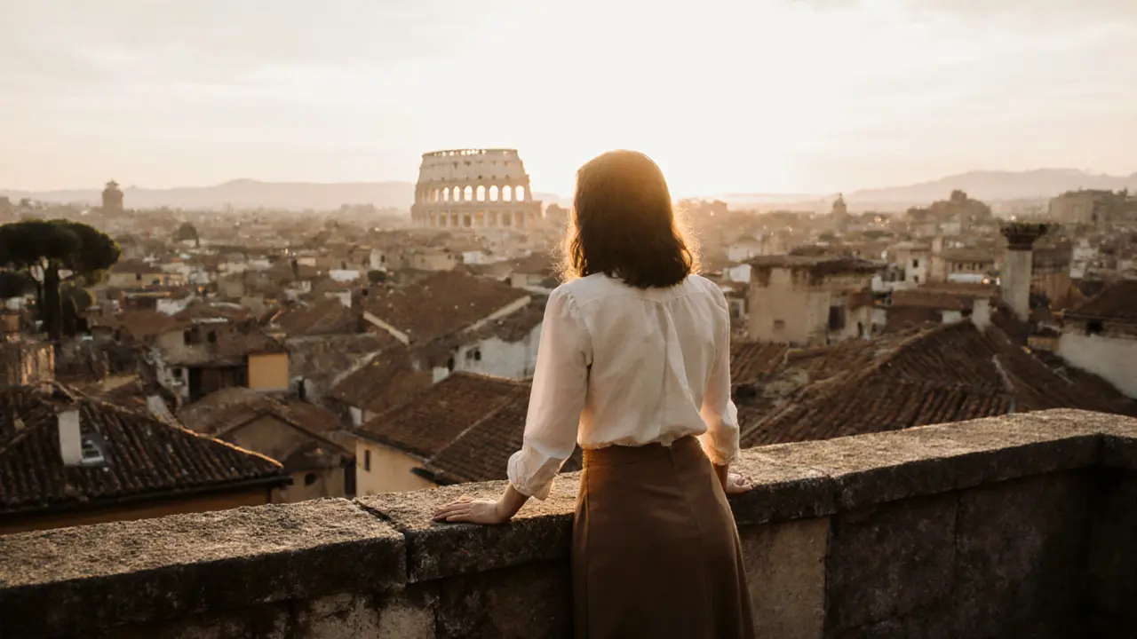 A woman gazes over Rome’s rooftops from a historic rooftop at golden hour, her hands resting on stone.