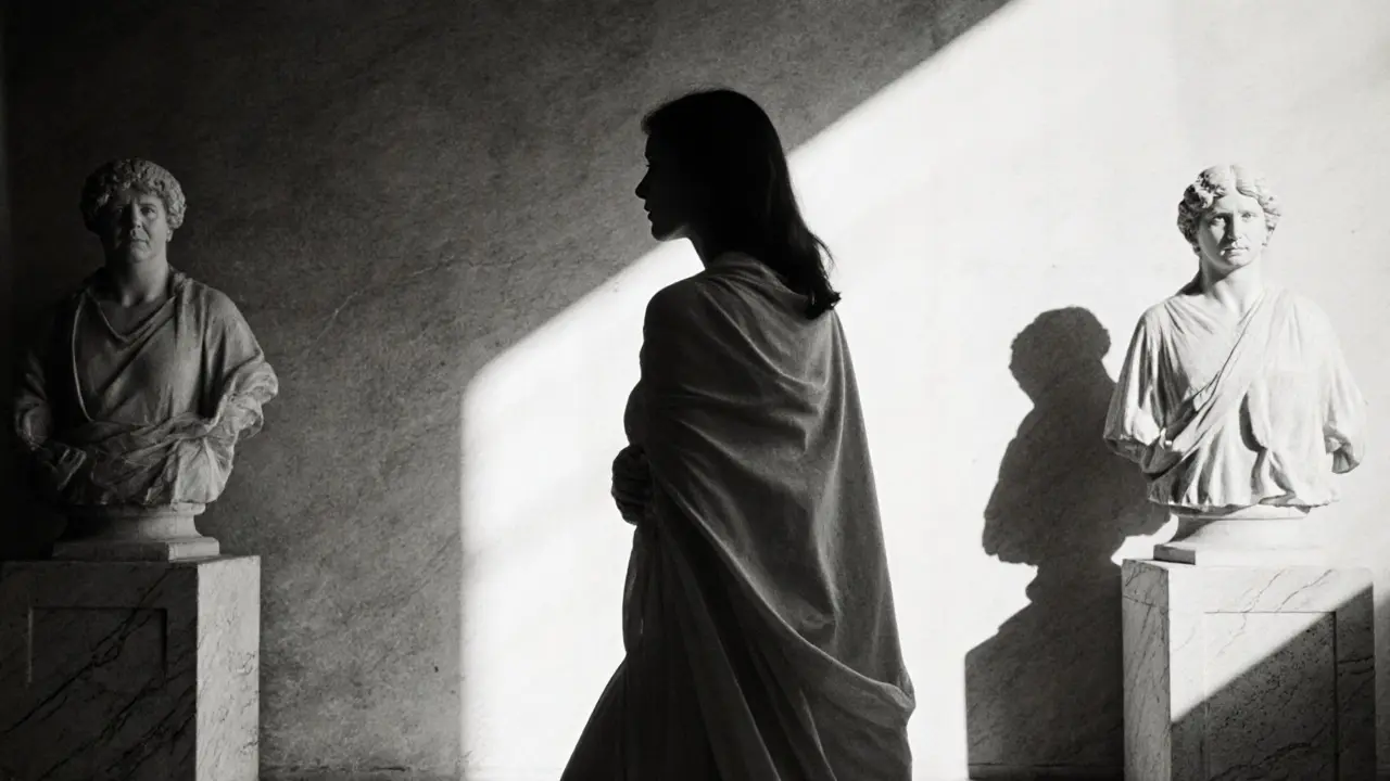 A woman poses gracefully in a sunlit studio, draped in fabric, cast in dramatic shadows while a sculptor captures her form with no nudity.