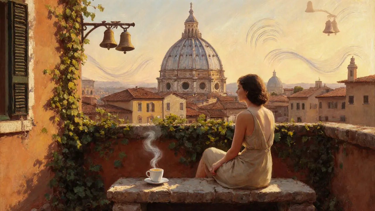 A woman sits alone on a rooftop garden in Testaccio, overlooking Rome’s dome at golden hour, espresso cup beside her.