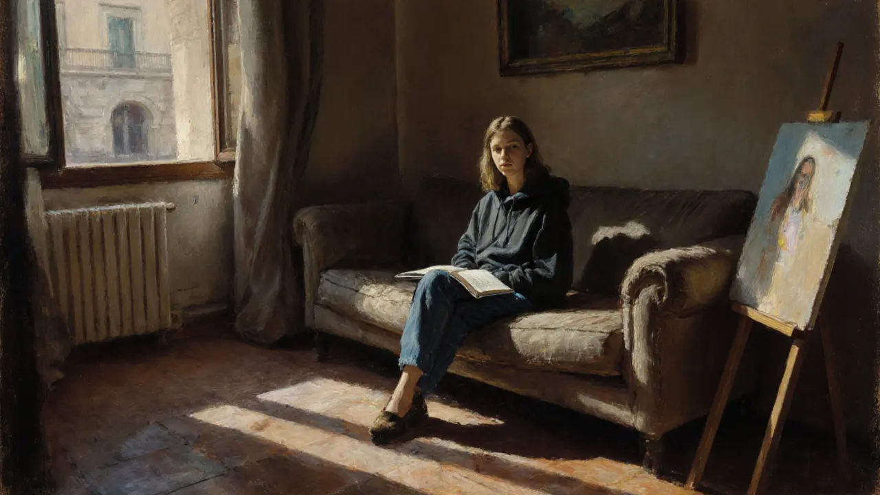 A woman sits calmly in a dim apartment, talking to a camera, sketchbook open, natural light filtering through curtains.