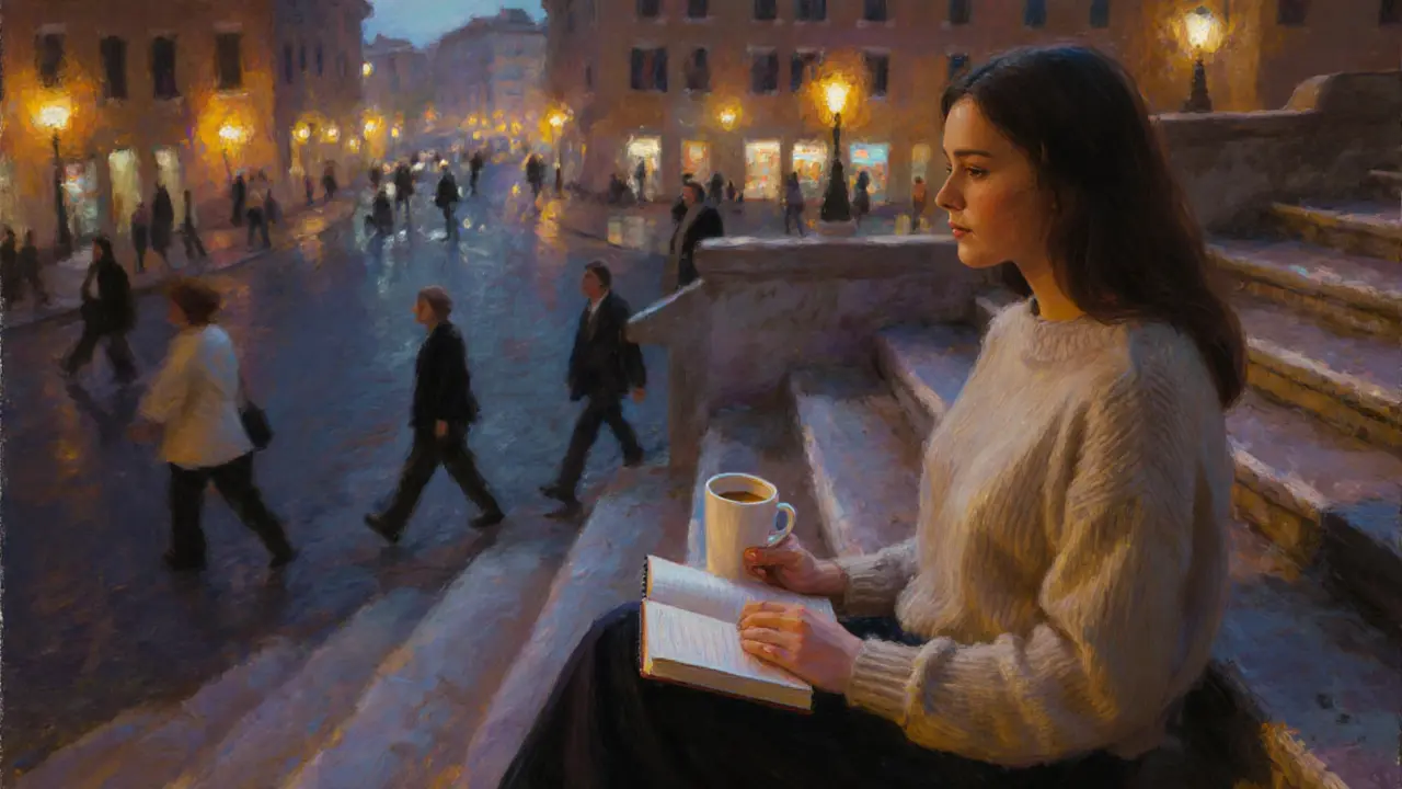 A woman sits on the Spanish Steps at twilight, journal open, city lights glowing behind her in peaceful solitude.