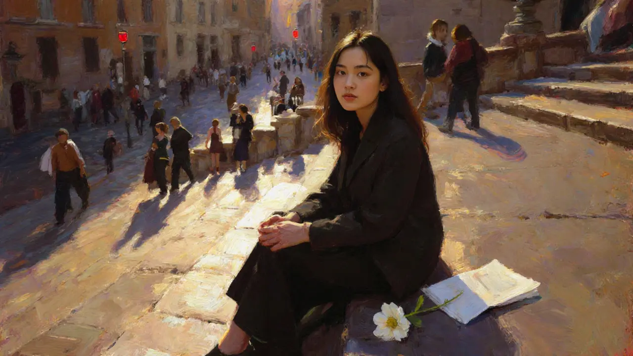 A woman sits silently on the Spanish Steps, alone amid blurred tourists, a flower and note beside her at dusk.