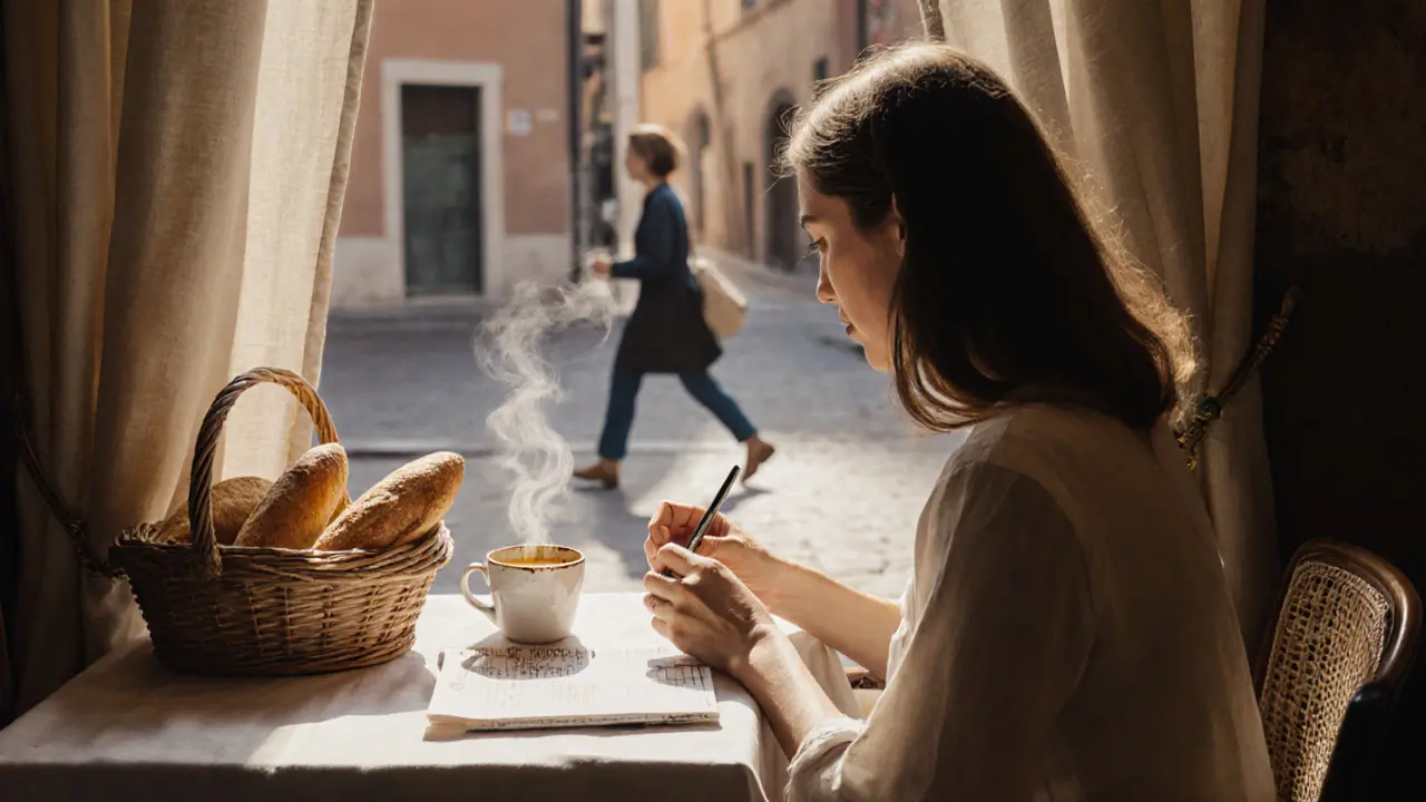A woman sketches at a small café, morning light on her hands and a chipped ceramic cup beside her.