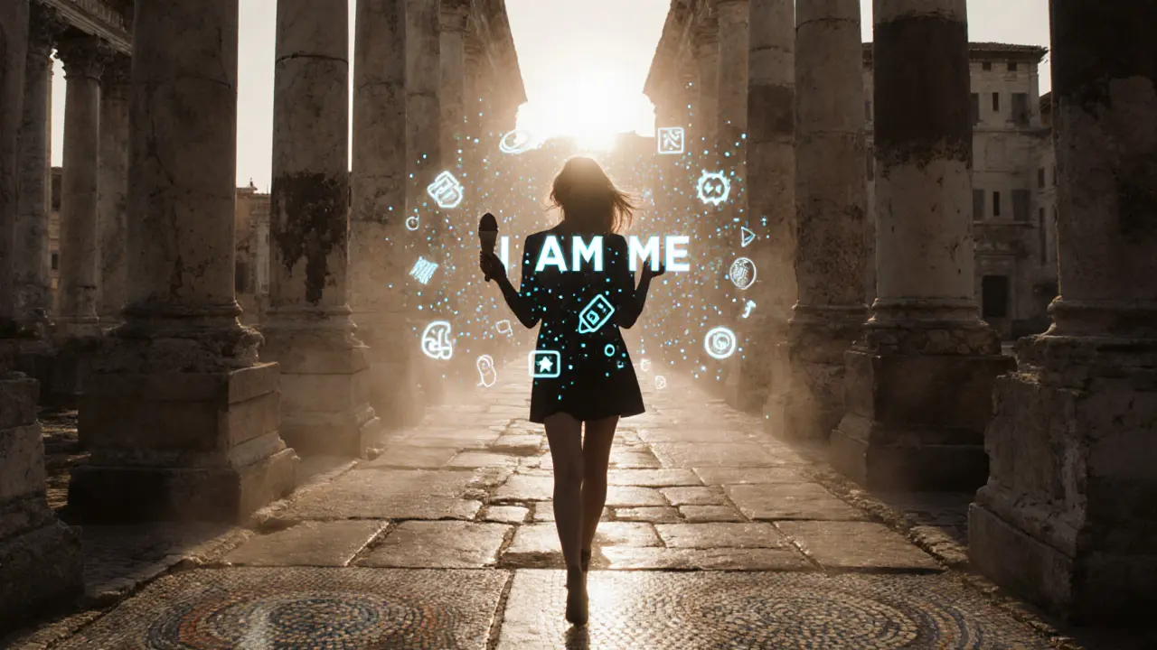 A woman walks through Roman ruins as digital particles form the words &#039;I AM ME&#039; in the air.