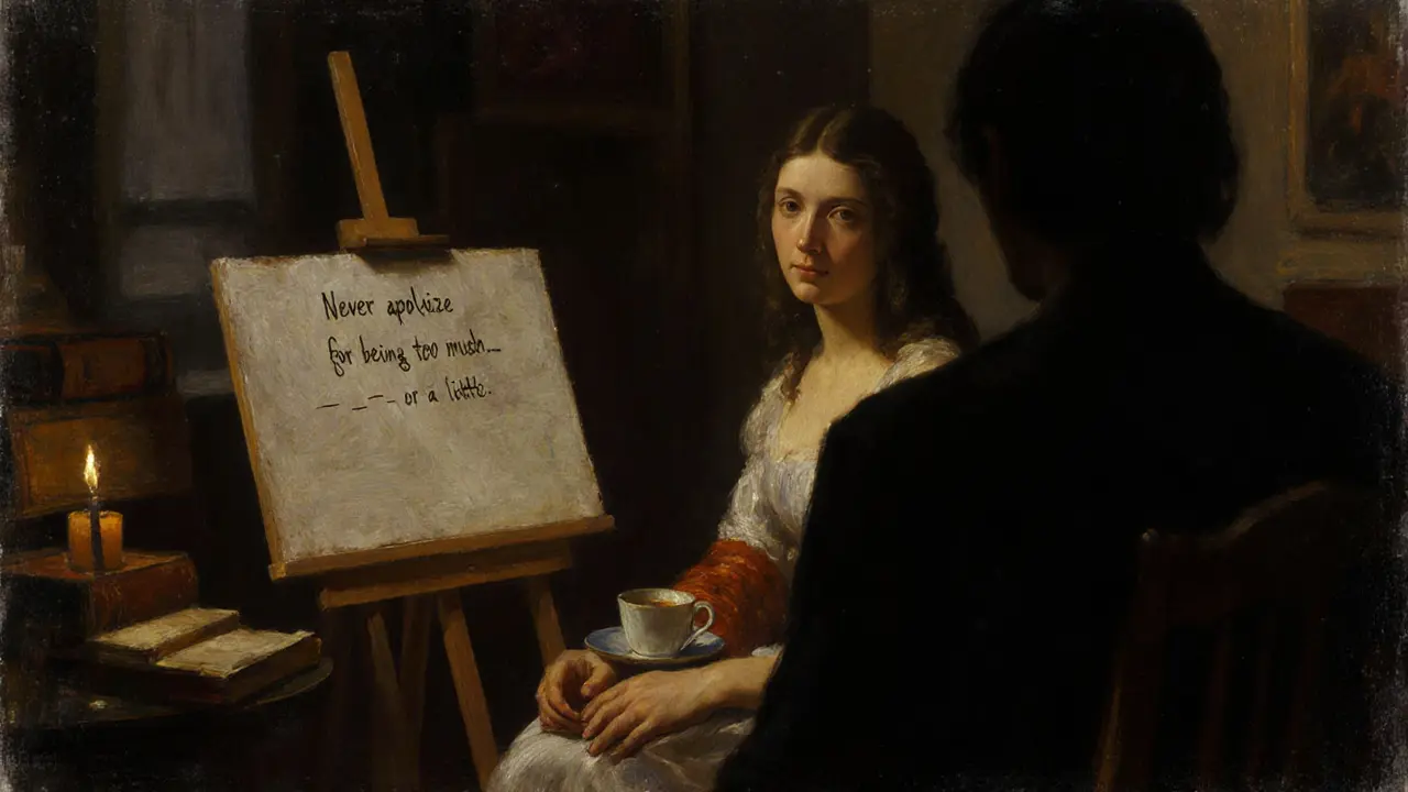 An artist in a dim room engages in silent reflection, surrounded by books and art, a shadowed companion nearby.