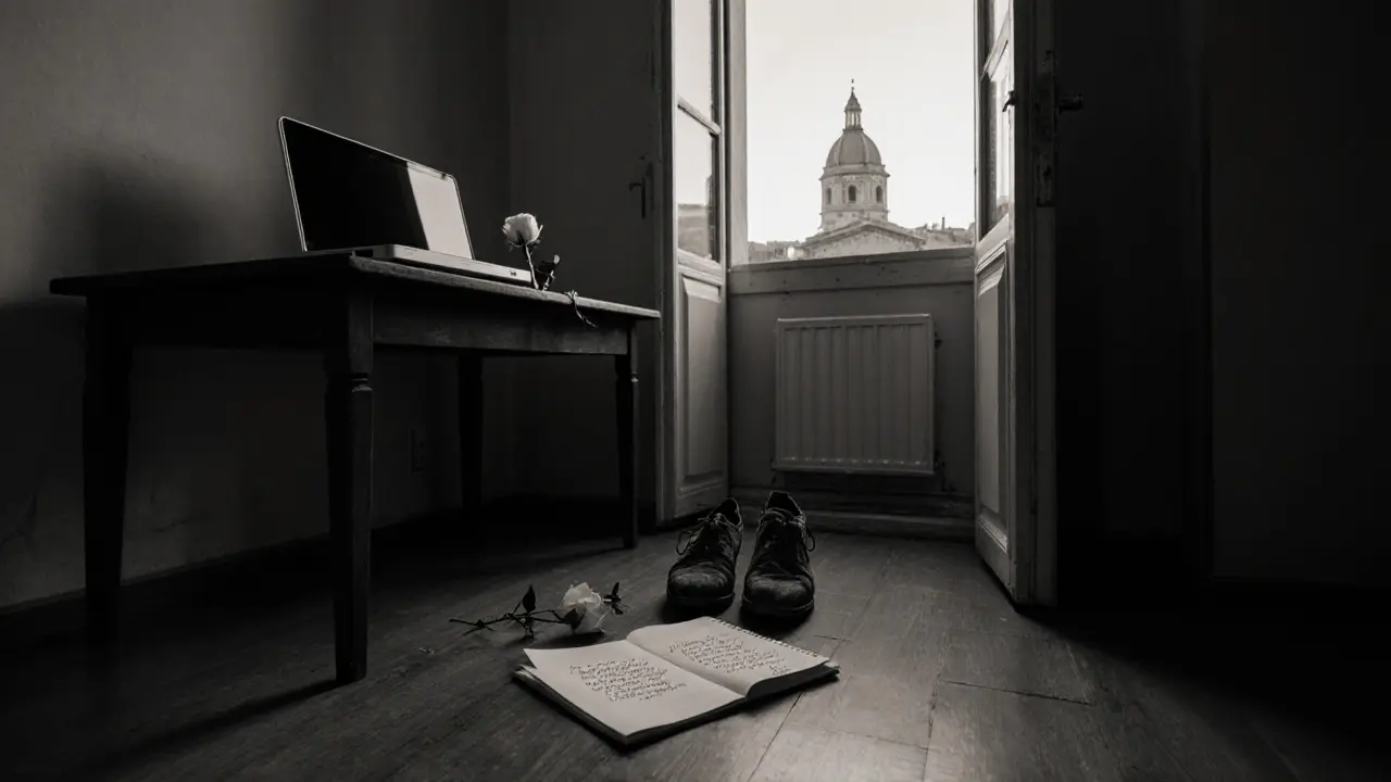 An empty Roman apartment at dawn, with a single white rose left on the threshold.