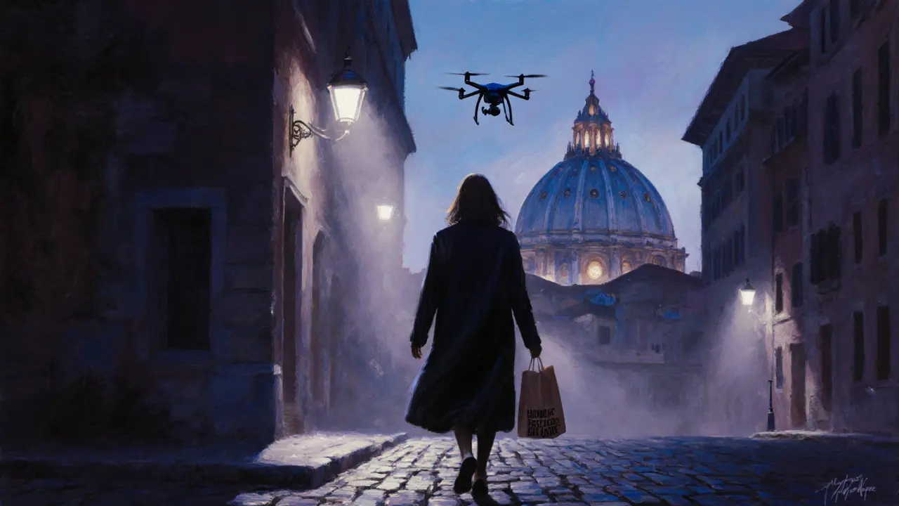 Figure walking at dusk in Rome, drone visible in background, shadows stretching across cobblestones.