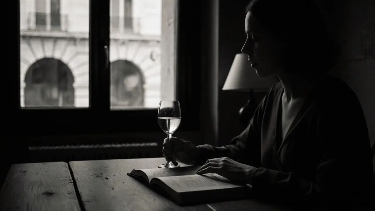 Hands holding a book and wine glass on a wooden table in a quiet Roman apartment, no face visible.