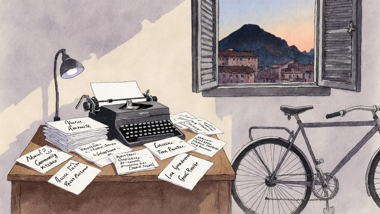 Handwritten letters from Romans lie on a desk, a bicycle nearby, Aventine Hill in the distance.
