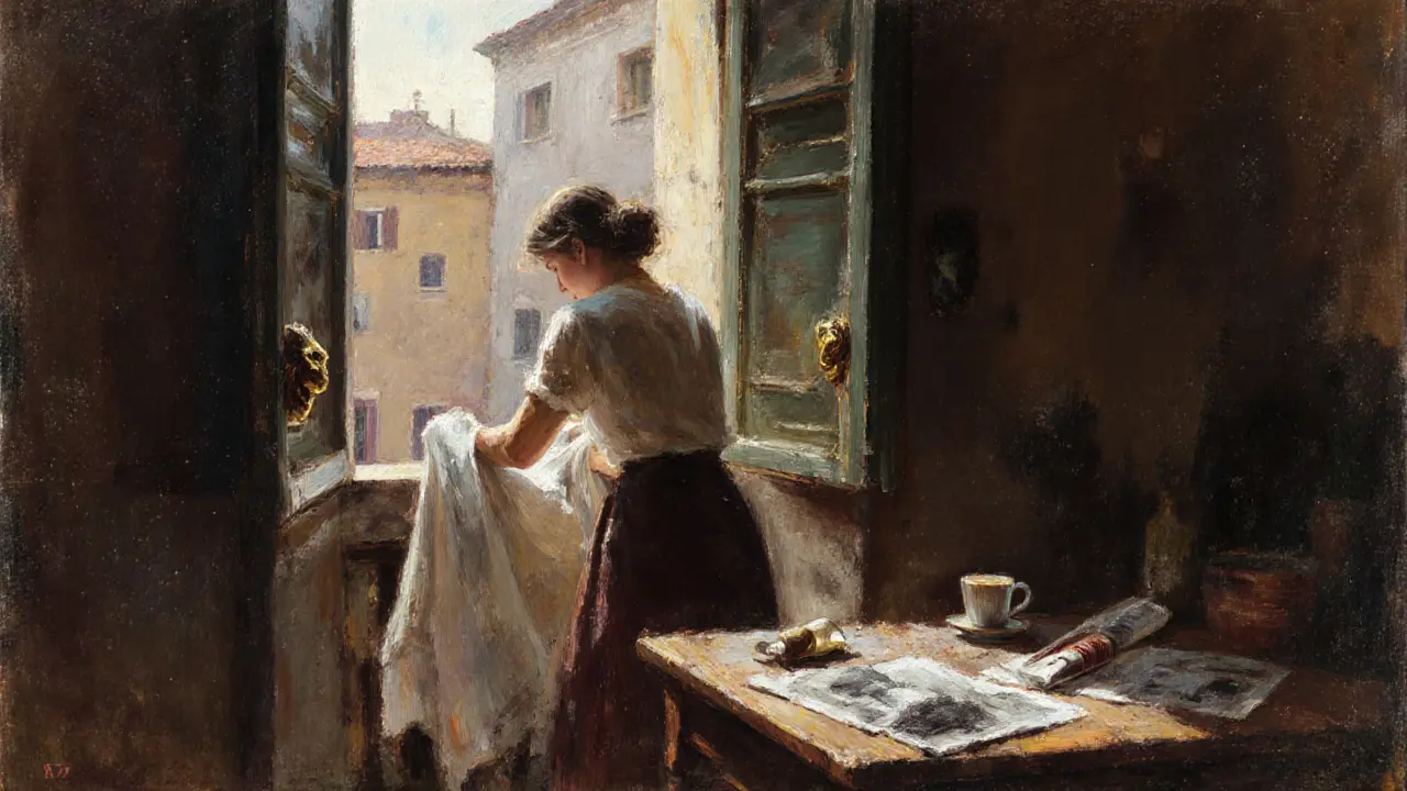 Inside a hidden studio, charcoal sketches and an oil painting of a balcony scene are lit by soft sunlight.