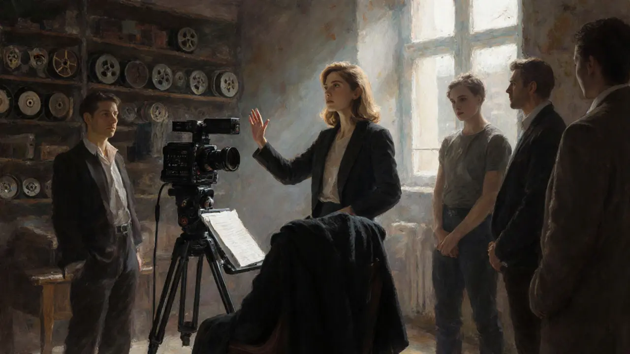 Lisa Ann directing a quiet film scene in a sunlit studio, surrounded by crew and emotional actors.