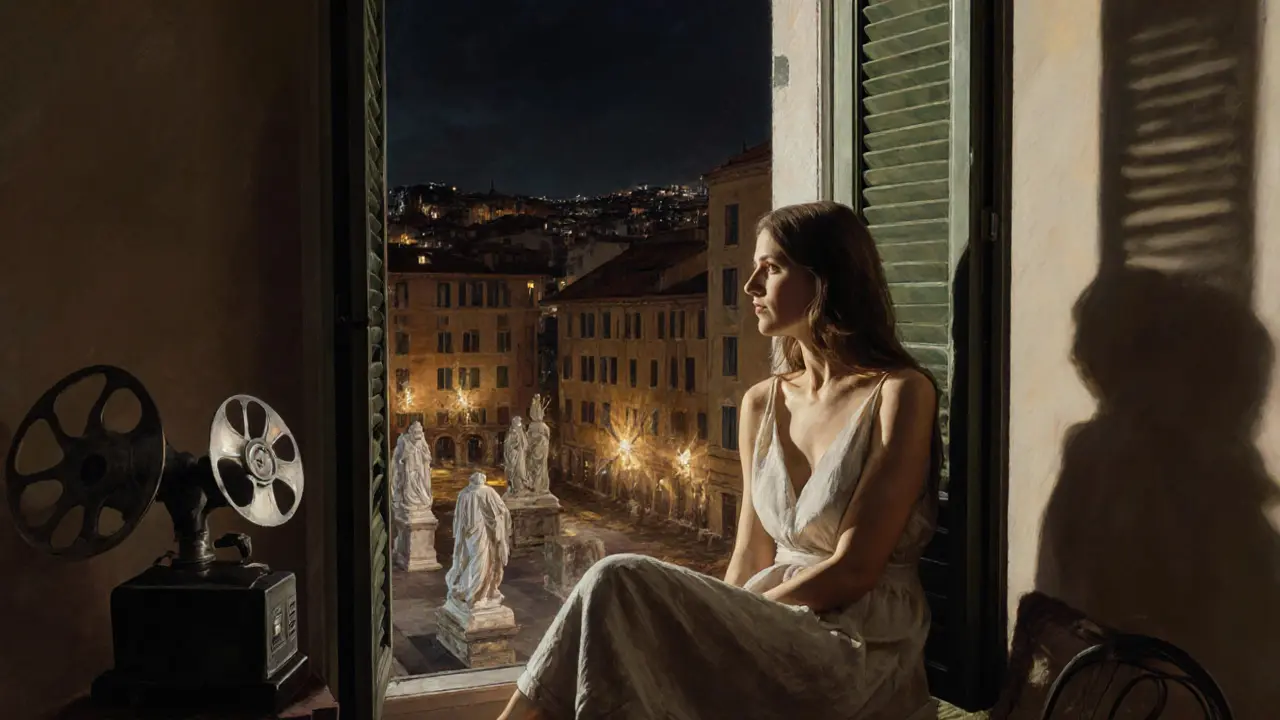 Lisa Ann in her apartment at night, city lights reflecting on marble below, vintage film projector casting shadows on the wall.