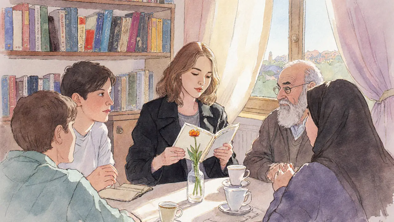 Lisa Ann reading poetry to a small group in a cozy apartment filled with books and soft afternoon light.