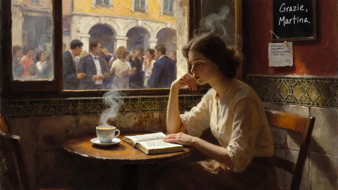 Martina reads poetry at Bar del Cappuccino, steam rising from her cup in morning light.