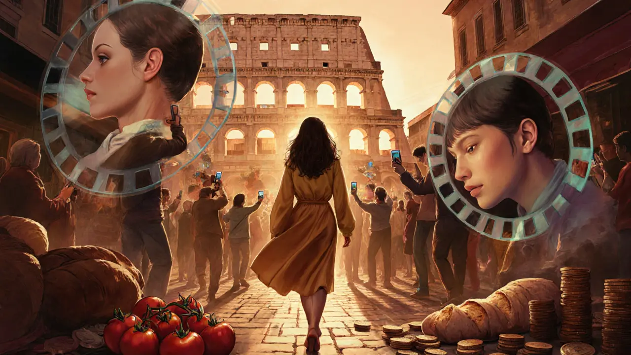 Michelle Ferrari walks through a market as film reels dissolve into youth filming with smartphones.