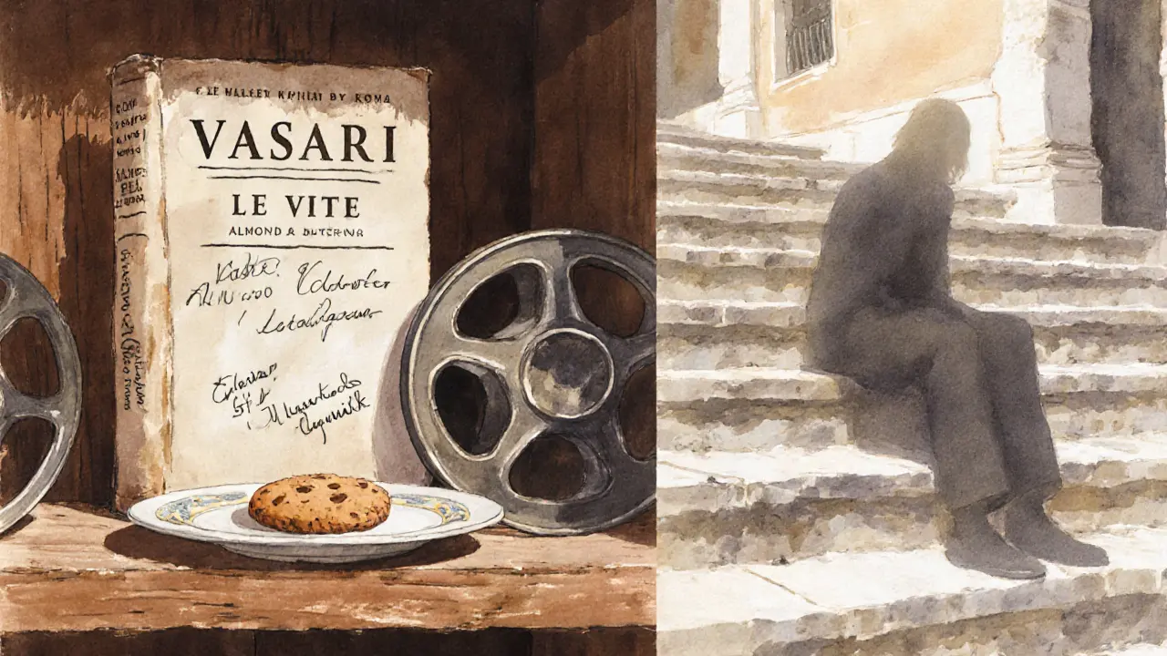 Quiet symbols of Lisa Ann&#039;s legacy: annotated book, almond cookie, and shadowy figure on Spanish Steps at dawn.