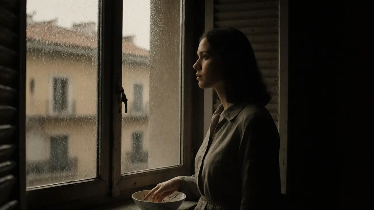 Silvia alone in a Roman apartment, sunlight and rain on the window, emotional and cinematic.
